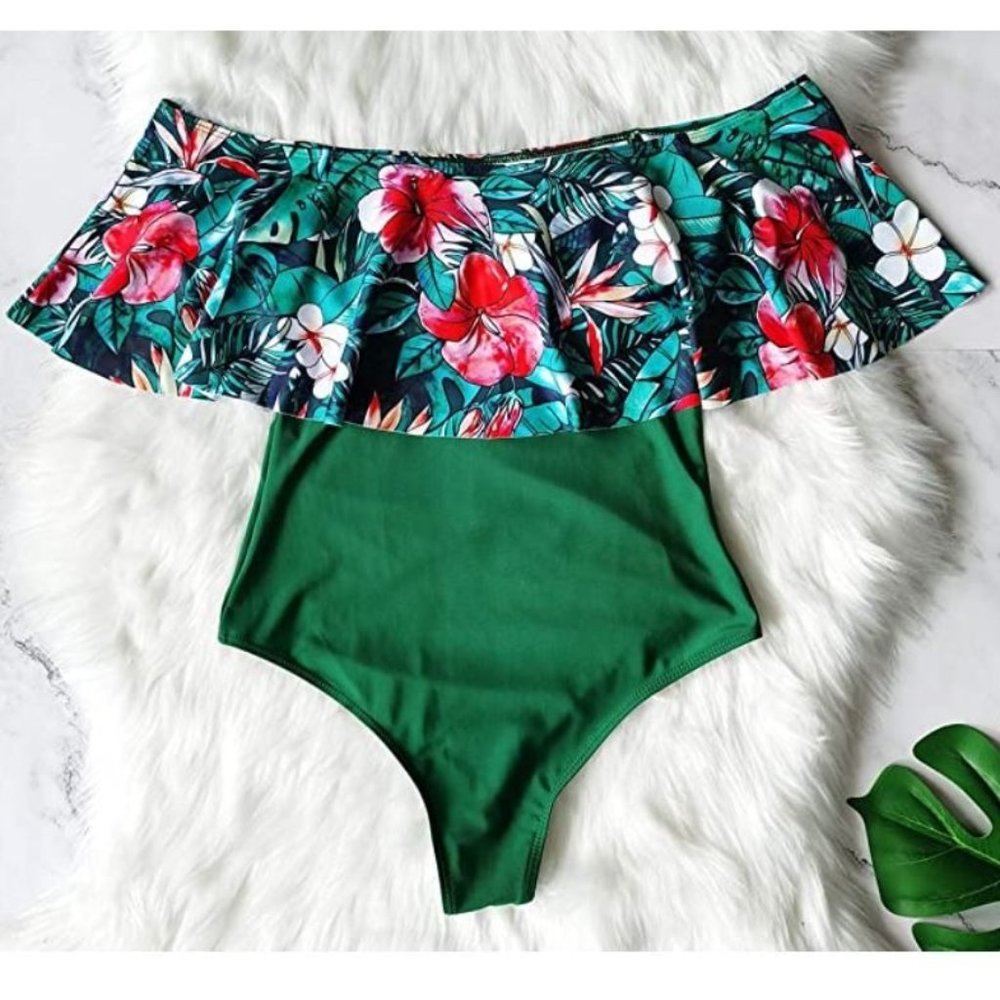 Telaura One Piece Flounce Swimsuit Women Ruffle Floral Print Monokini